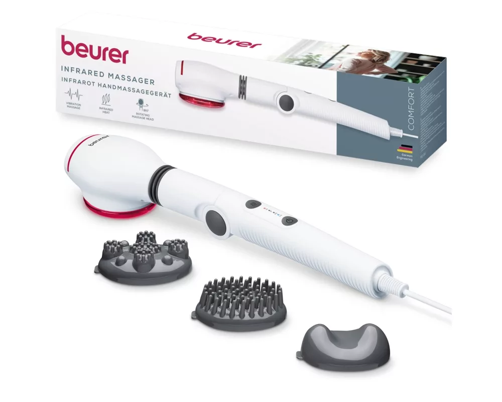 Масажор Beurer MG 44 infrared massager; Soothing vibration massage; Rotating massage head and 3-way adjustable handle; Infrared heat; 3 function levels; 4 interchangeable massage attachments 7