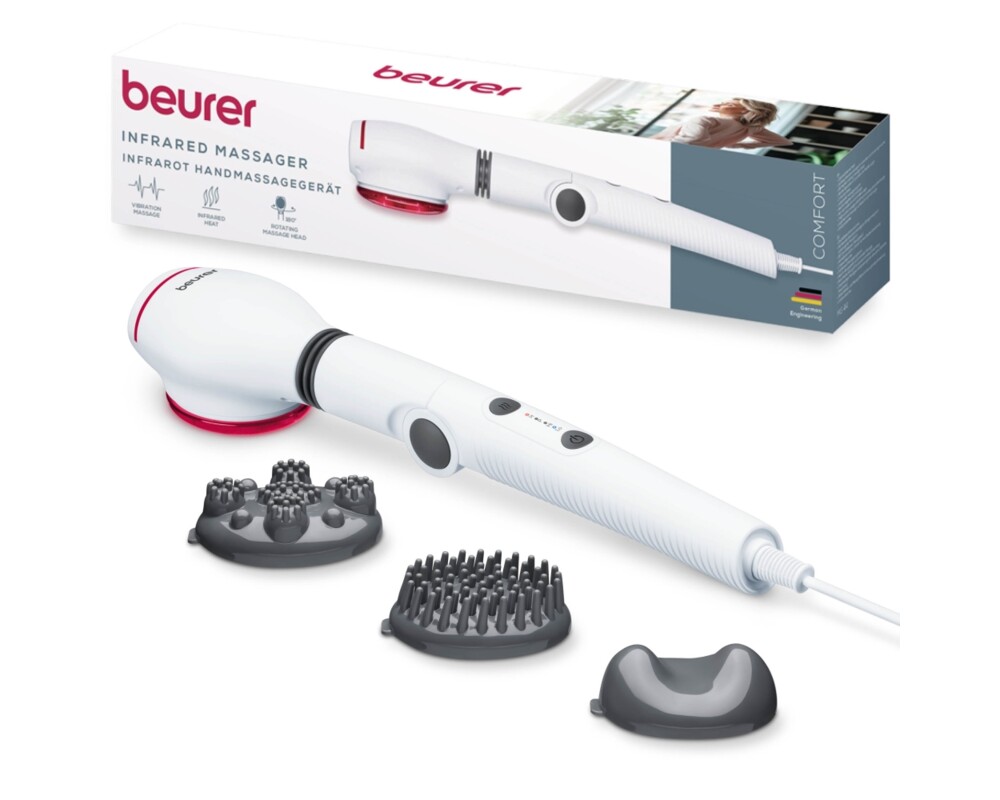 Масажор Beurer MG 44 infrared massager; Soothing vibration massage; Rotating massage head and 3-way adjustable handle; Infrared heat; 3 function levels; 4 interchangeable massage attachments 7