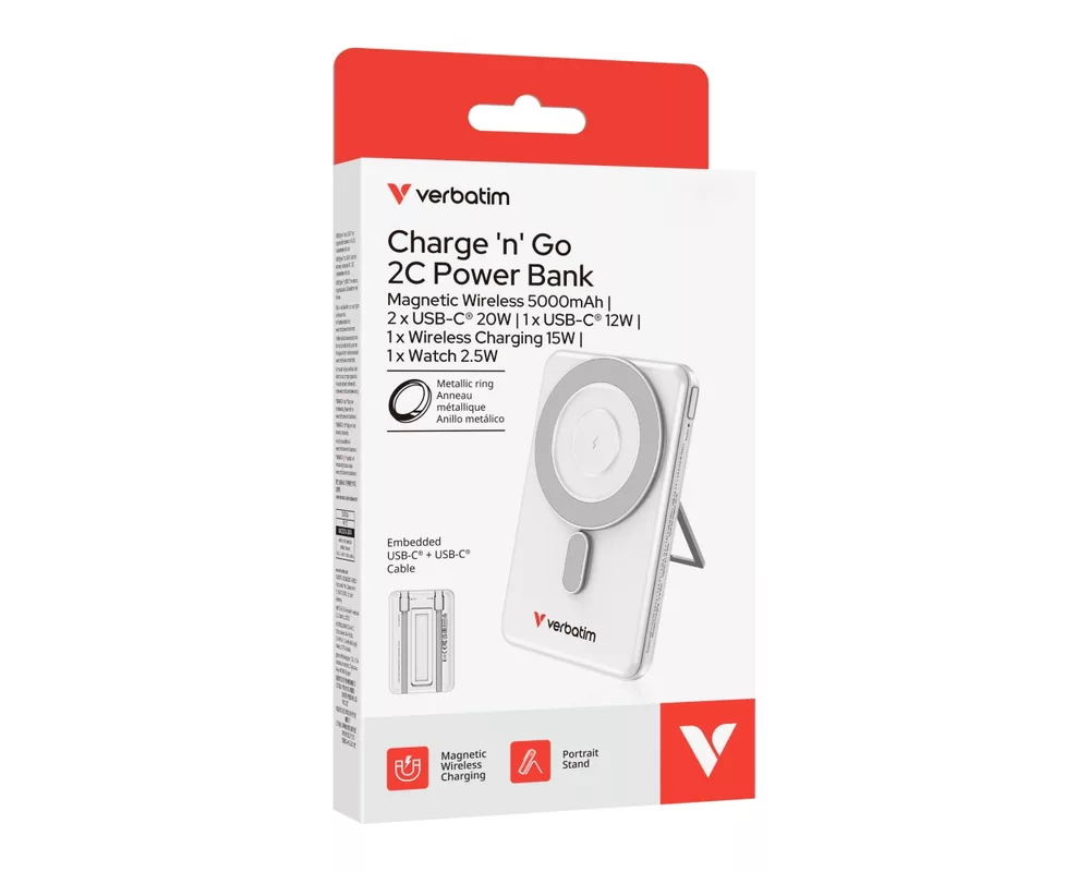 Външна батерия Verbatim Charge 'n' Go 2C Power Bank Magnetic Wireless 5000mAh with 2 USB-C Cables & Stand Silver 13