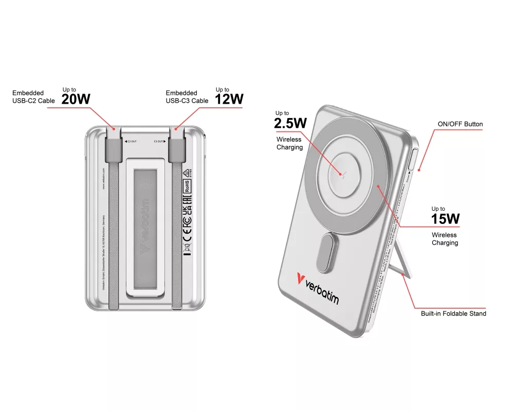 Външна батерия Verbatim Charge 'n' Go 2C Power Bank Magnetic Wireless 5000mAh with 2 USB-C Cables & Stand Silver 10