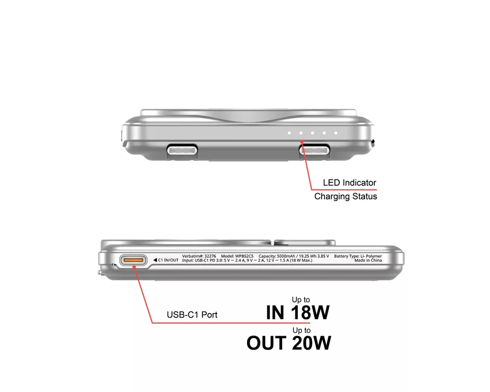 Външна батерия Verbatim Charge 'n' Go 2C Power Bank Magnetic Wireless 5000mAh with 2 USB-C Cables & Stand Silver 12