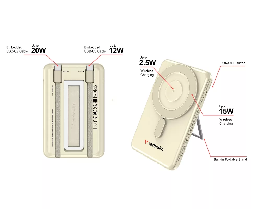 Външна батерия Verbatim Charge 'n' Go 2C Power Bank Magnetic Wireless 5000mAh with 2 USB-C Cables & Stand Gold 12