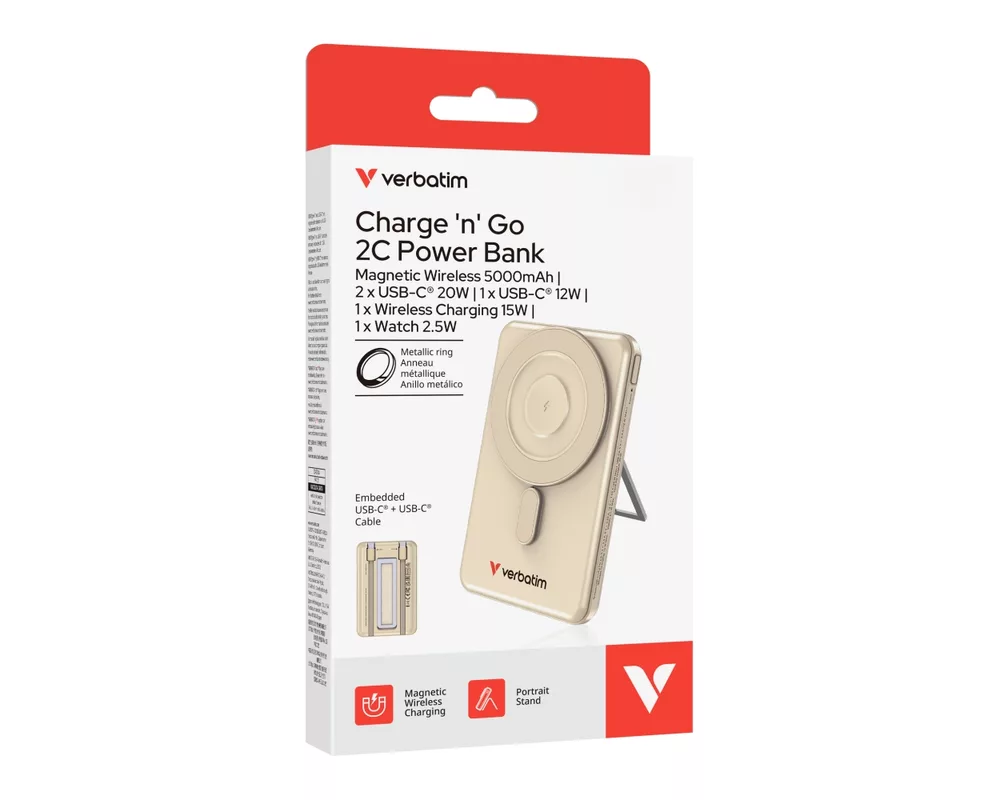 Външна батерия Verbatim Charge 'n' Go 2C Power Bank Magnetic Wireless 5000mAh with 2 USB-C Cables & Stand Gold 13