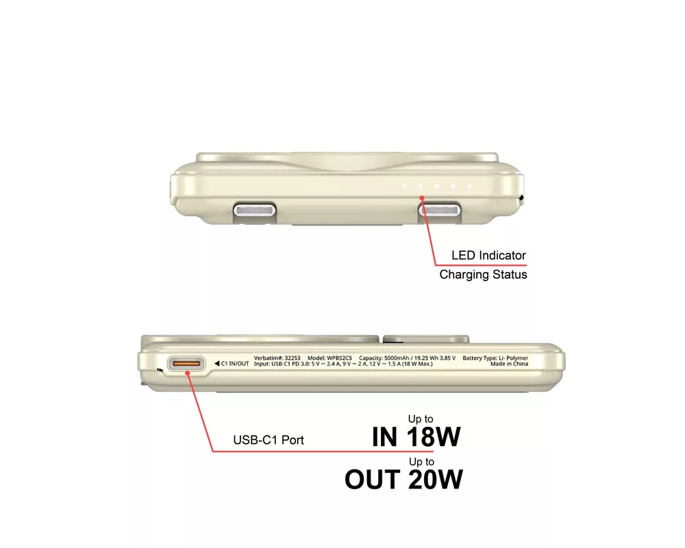 Външна батерия Verbatim Charge 'n' Go 2C Power Bank Magnetic Wireless 5000mAh with 2 USB-C Cables & Stand Gold 10