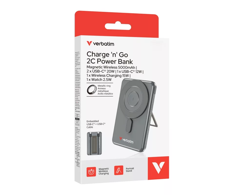 Външна батерия Verbatim Charge 'n' Go 2C Power Bank Magnetic Wireless 5000mAh with 2 USB-C Cables & Stand Grey 11
