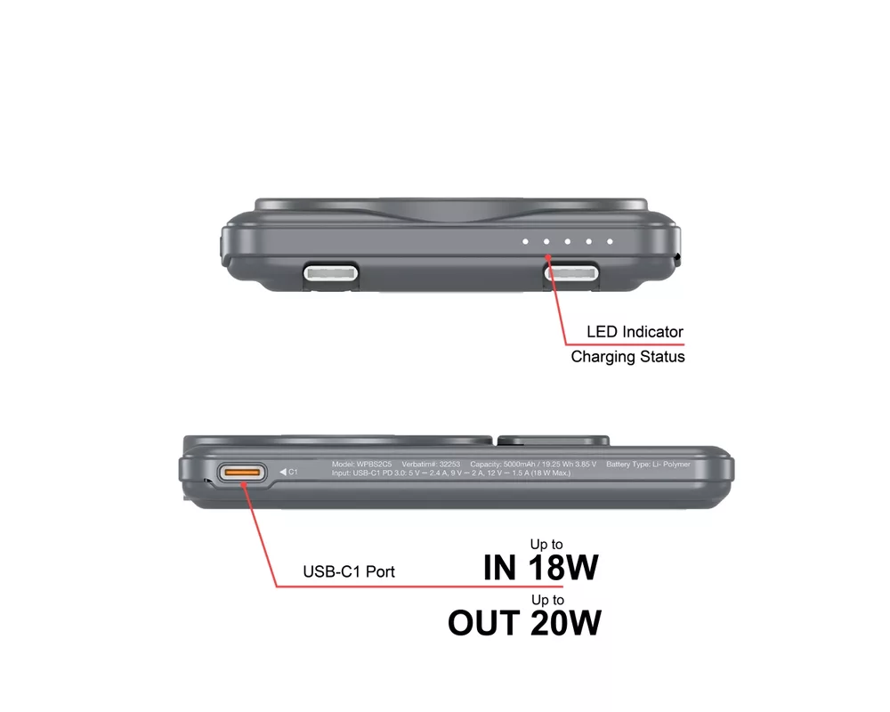 Външна батерия Verbatim Charge 'n' Go 2C Power Bank Magnetic Wireless 5000mAh with 2 USB-C Cables & Stand Grey 8