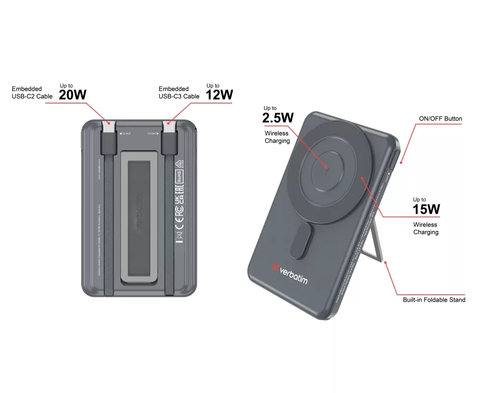 Външна батерия Verbatim Charge 'n' Go 2C Power Bank Magnetic Wireless 5000mAh with 2 USB-C Cables & Stand Grey 9