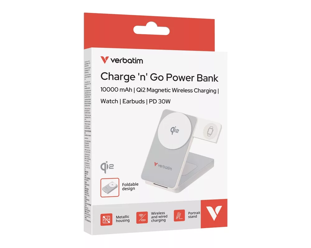Външна батерия Verbatim Foldable 3-in-1 Qi2 Magnetic Wireless Power Bank 10000 mAh White 3