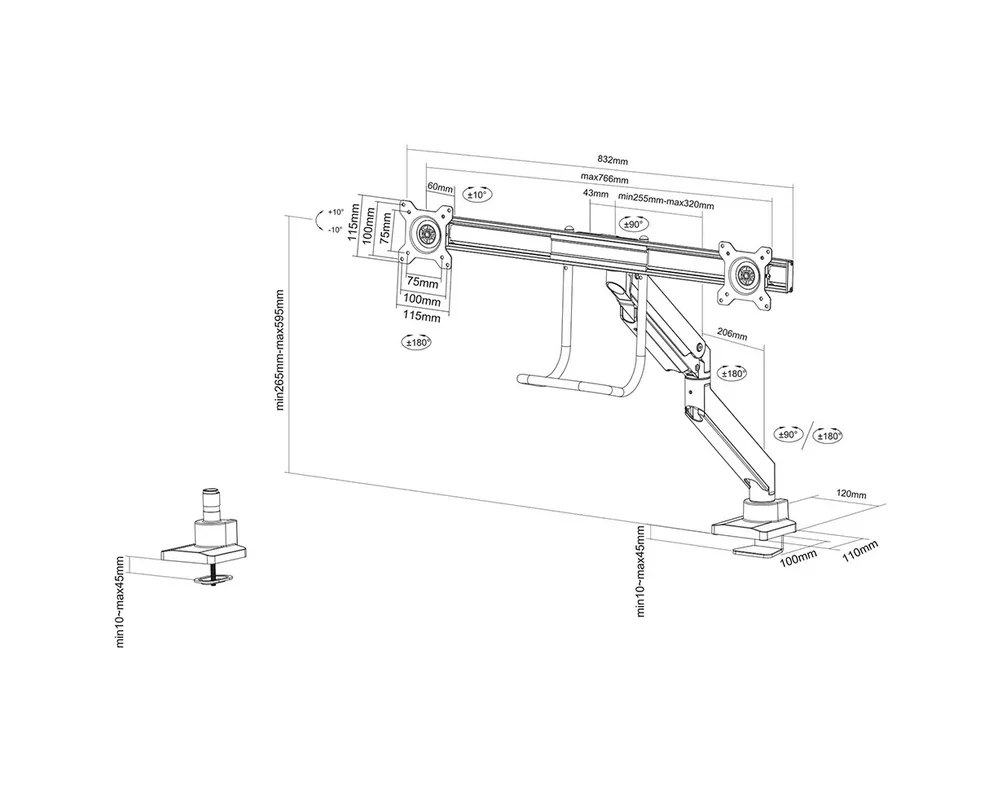 Стойка Neomounts Monitor arm 10-32" - gas spring - Topfix - 180°-stop 12
