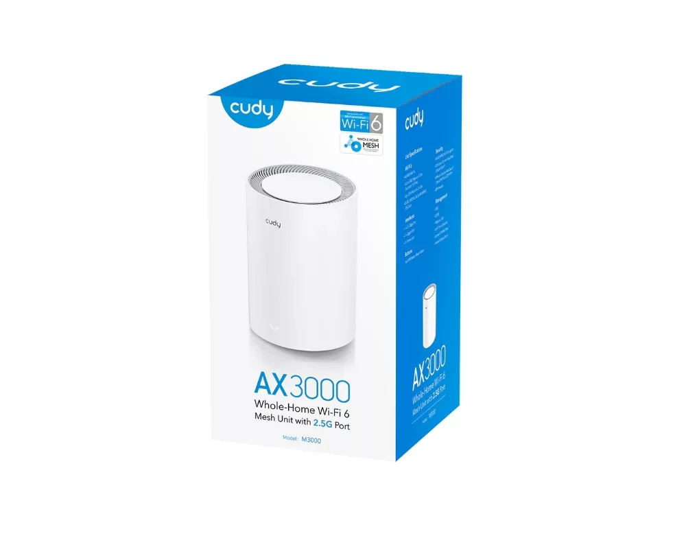 Рутер Cudy M3000 (1-Pack) AX3000 Wi-Fi 6 Mesh 2.5G Solution Dual-Band 2402Mbps at 5GHz + 574Mbps at 2.4GHz 4