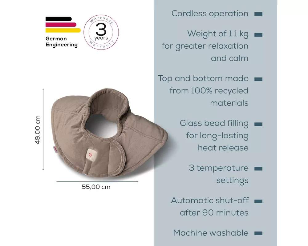 Термоподложка Beurer HK 165 Huggy Taupe Shoulder heat pad; Soft & cosy material; lithium-ion battery; Soothing heat for up to 4 h; Machine-washable at 30°C; 3 temp. settings 2