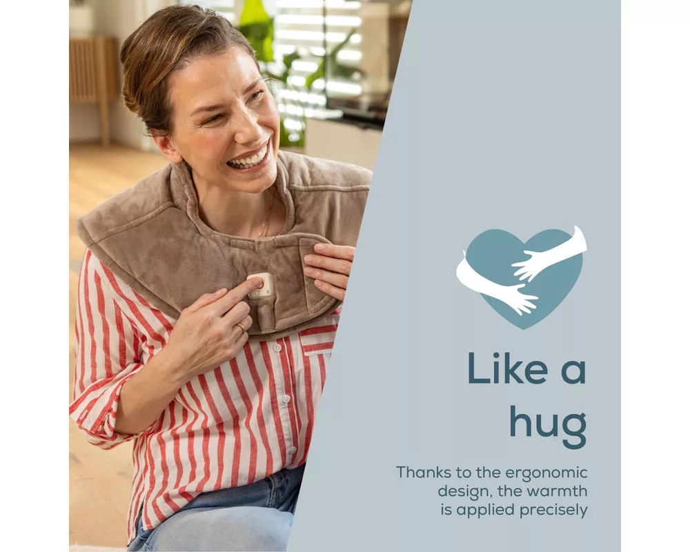 Термоподложка Beurer HK 165 Huggy Taupe Shoulder heat pad; Soft & cosy material; lithium-ion battery; Soothing heat for up to 4 h; Machine-washable at 30°C; 3 temp. settings 6