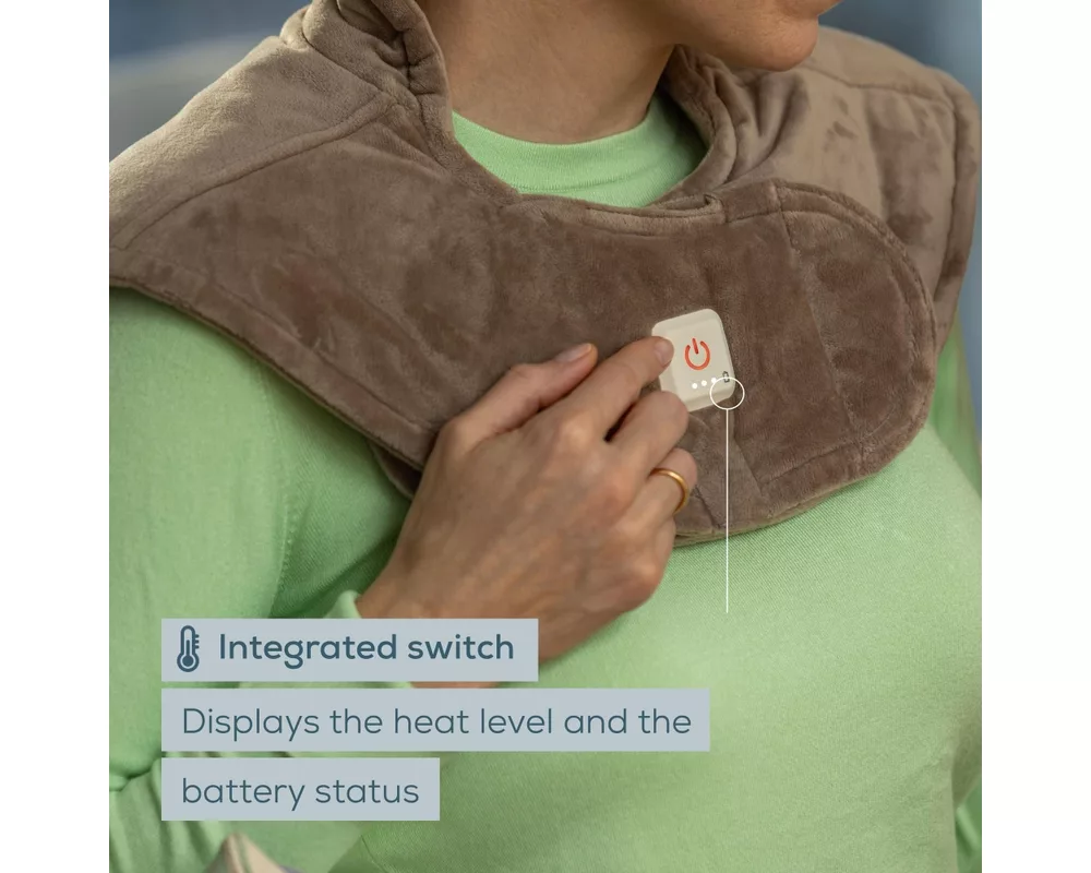 Термоподложка Beurer HK 165 Huggy Taupe Shoulder heat pad; Soft & cosy material; lithium-ion battery; Soothing heat for up to 4 h; Machine-washable at 30°C; 3 temp. settings 7