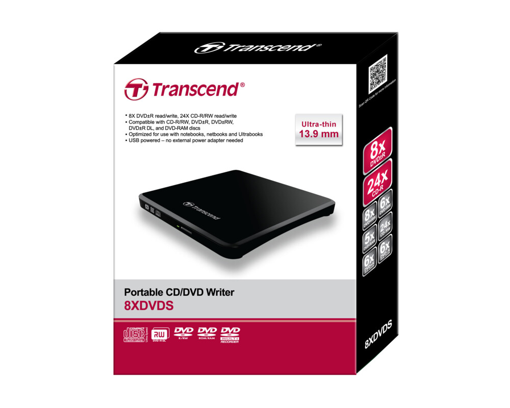 Оптично устройство Transcend 8X DVD±RW, USB 2.0, Slim Type 10