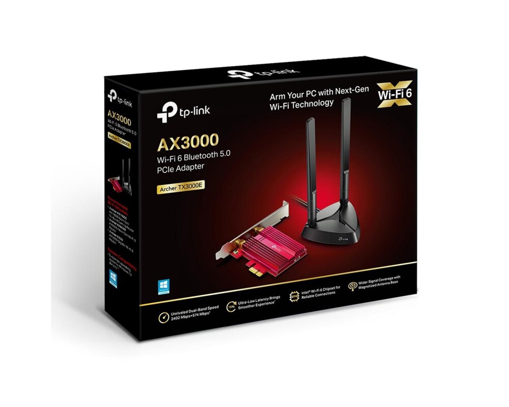 Мрежова карта адаптер TP-LINK Archer TX3000, AX3000 Wi-Fi 6, PCI-EX, Bluetooth 5.0, две външни антени 3