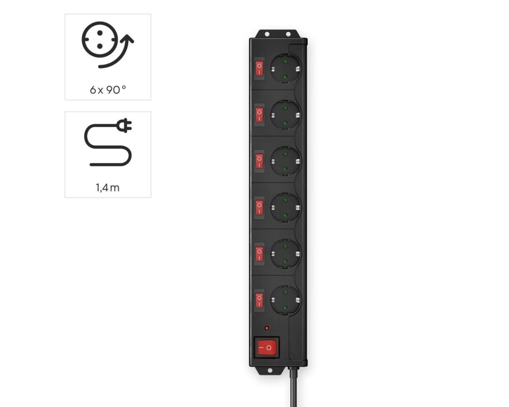 Разклонител HAMA 137259, 6 гнезда, 1.4м, индивидуални превключватели, Черен 19