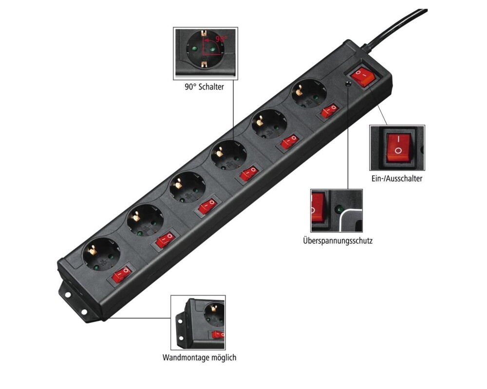 Разклонител HAMA 137259, 6 гнезда, 1.4м, индивидуални превключватели, Черен 16