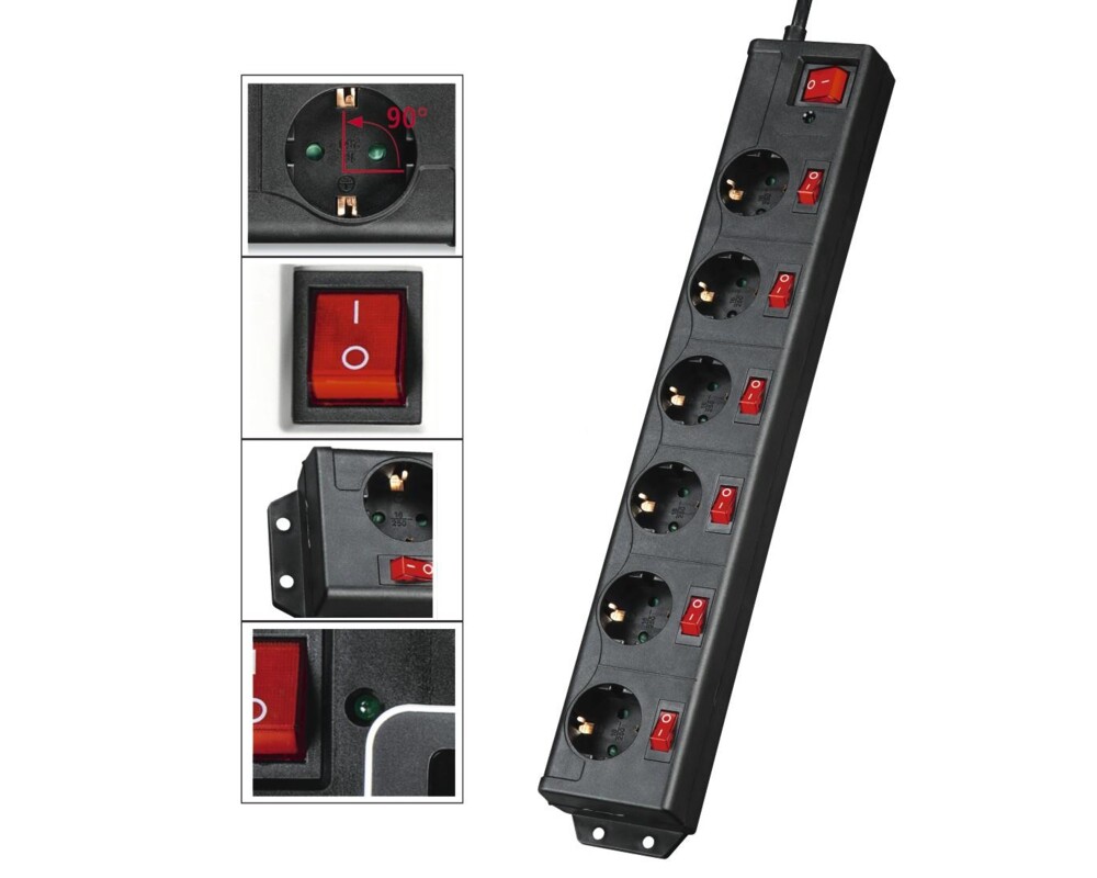 Разклонител HAMA 137259, 6 гнезда, 1.4м, индивидуални превключватели, Черен 17