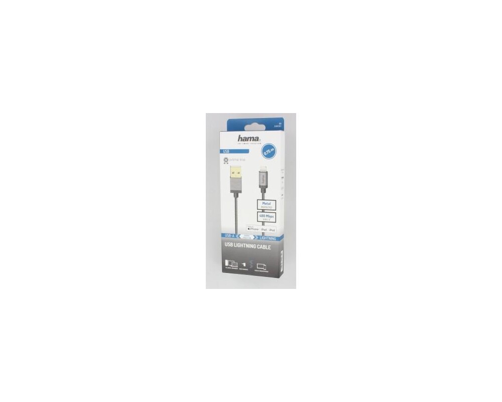 Кабел HAMA Elite USB-A мъжко - Lightning мъжко, 0.75 м., метал, Антрацит, за iPhone/iPad 3