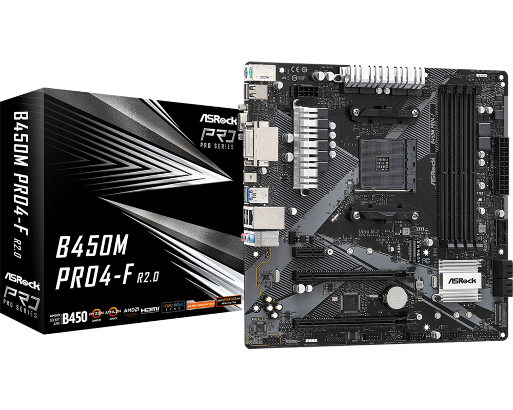 Дънна платка ASROCK B450M PRO4-F R2.0 AM4 4xDDR4 4xSATA 2xM.2 mATX MB 13