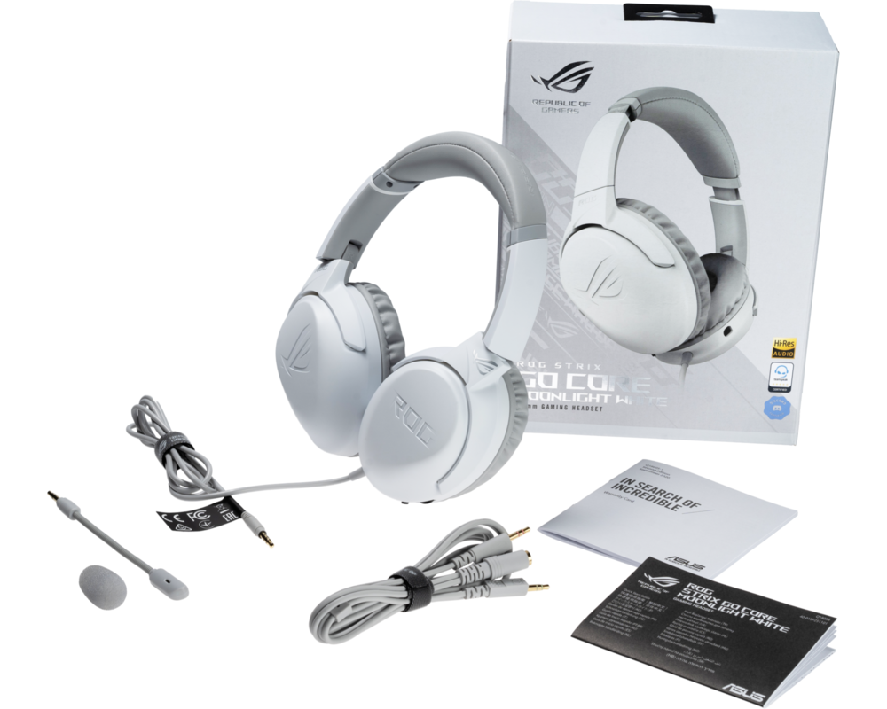 Слушалки ASUS ROG Strix Go Core Moonlight White Wired Gaming Headset Discord Certified Mic Hi-Res Audio 40mm Drivers Lightweight 3.5mm 9
