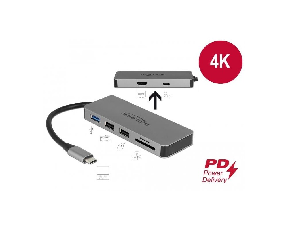 Докинг станция Докинг станция Delock, USB-A, USB-C, HDMI, SD, Micro SD, PD, 4K, Подсветка, Сива 4