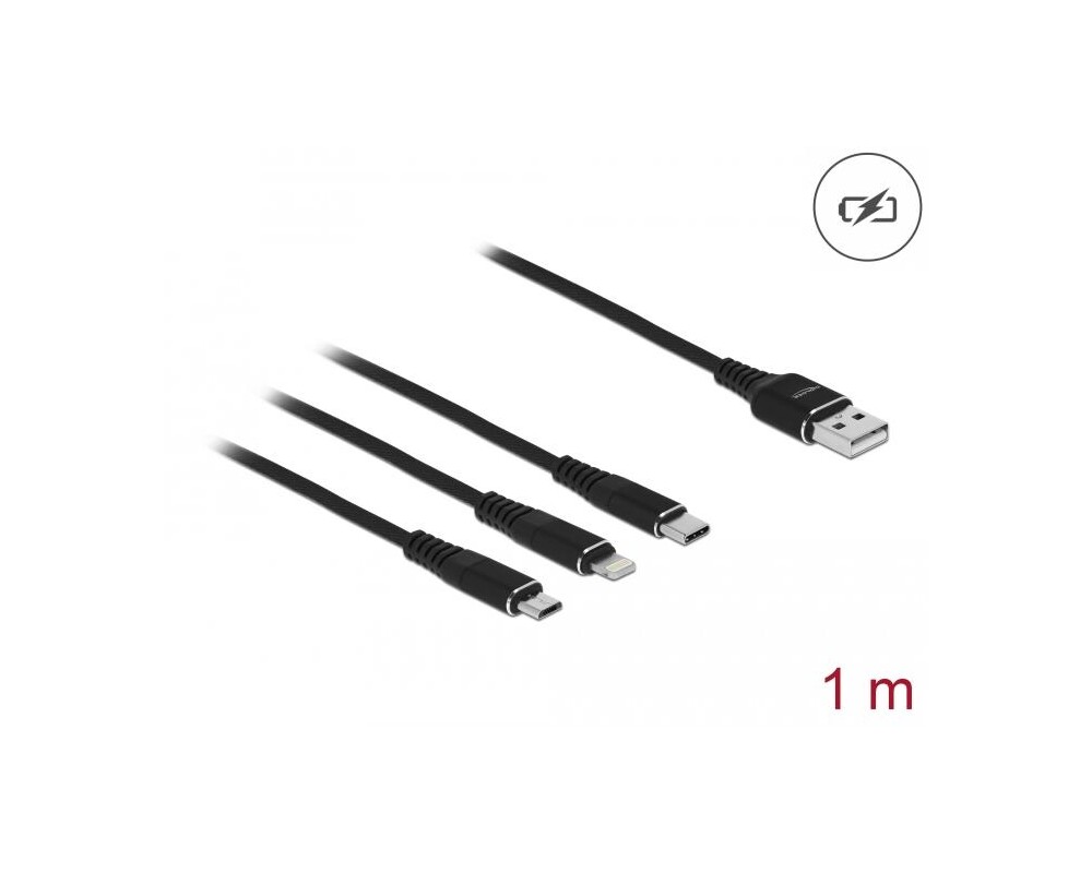 Кабел за зареждане Delock 3 в 1, USB - Lightning Micro USB- USB-C, 1м, Черен 2