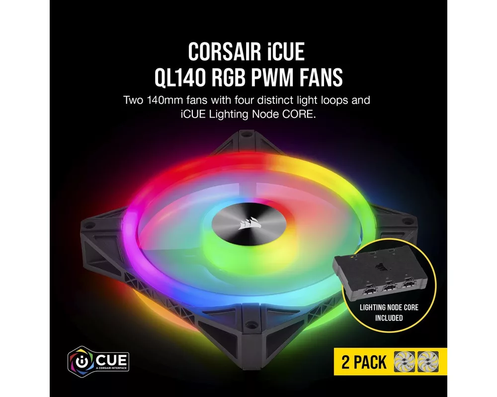 Вентилатор и Corsair iCUE QL140 RGB PWM, 2 Fan комплект, с включен контролер Lightning Node CORE, Черен 7