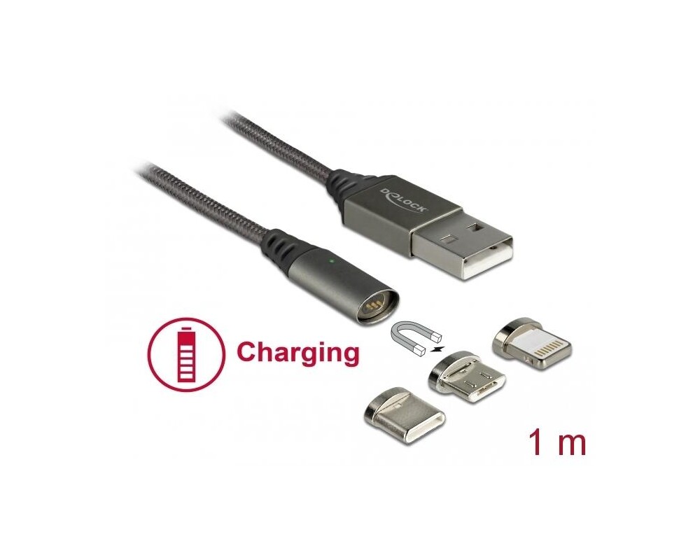 Кабел за зареждане Delock 3 в 1, USB-A мъжко - 8 Pin / Micro USB / USB Type-C, 1м, Черен 3