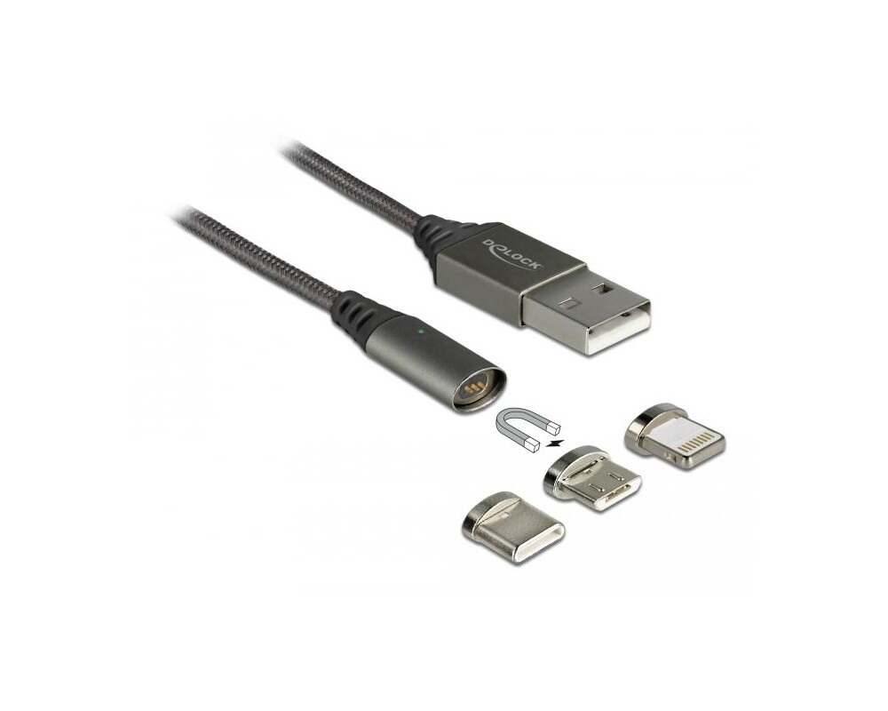 Кабел за зареждане Delock 3 в 1, USB-A мъжко - 8 Pin / Micro USB / USB Type-C, 1м, Черен 2