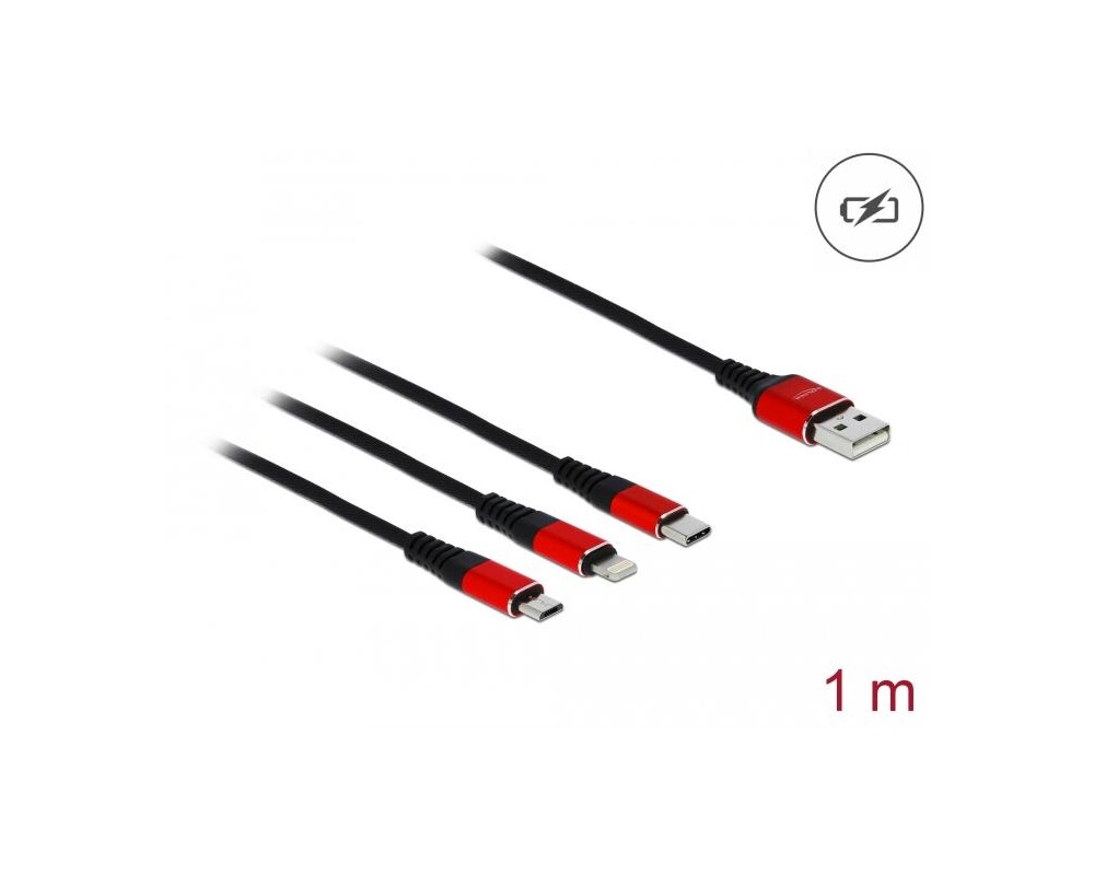 Кабел за зареждане Delock 3 в 1, USB - Lightning/ Micro USB/ USB-C, 1м, Черен/Червен 2