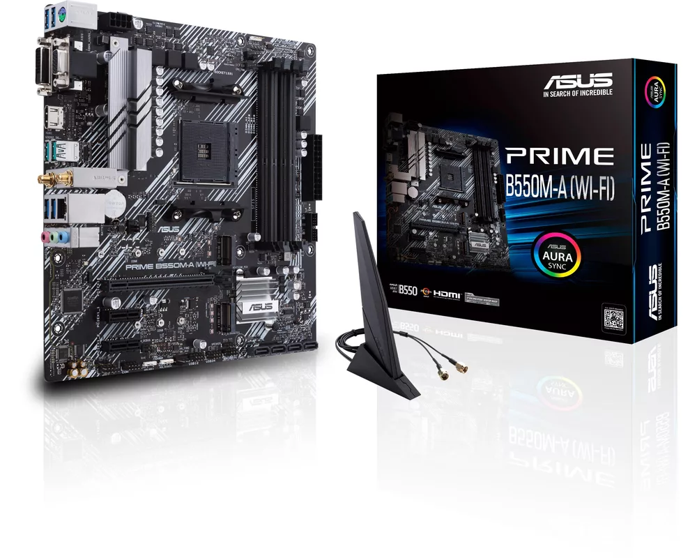 Дънна платка ASUS Prime B550M-A (WI-FI) socket AM4, 4xDDR4, Aura Sync, PCIe 4.0, Dual M.2, WiFi 6 2