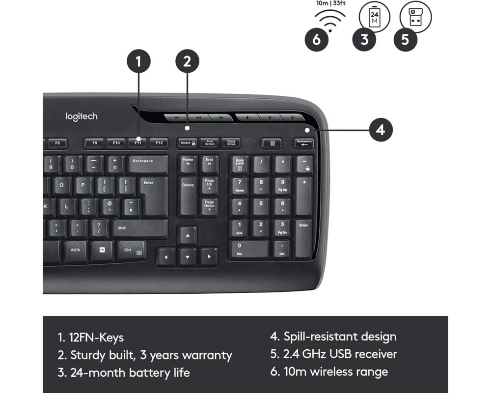 Клавиатура LOGITECH MK330 WL DESKTOP BK 6
