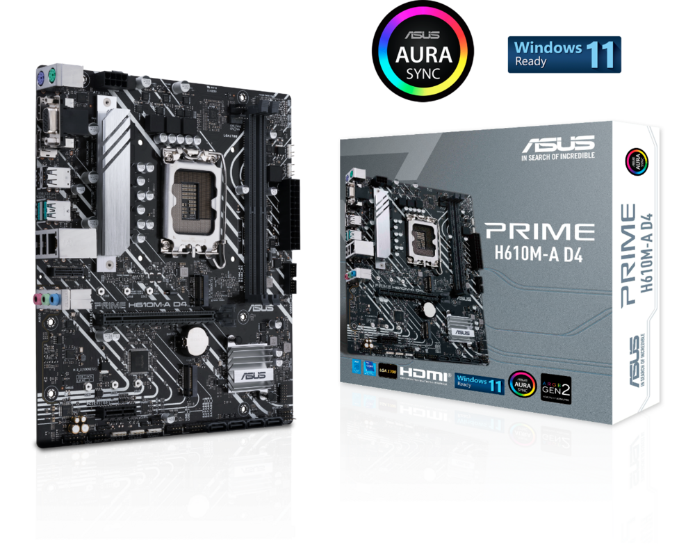 Дънна платка ASUS PRIME H610M-A D4, LGA 1700 mATX, 2x DDR4, Dual M.2, Aura Sync RGB 8