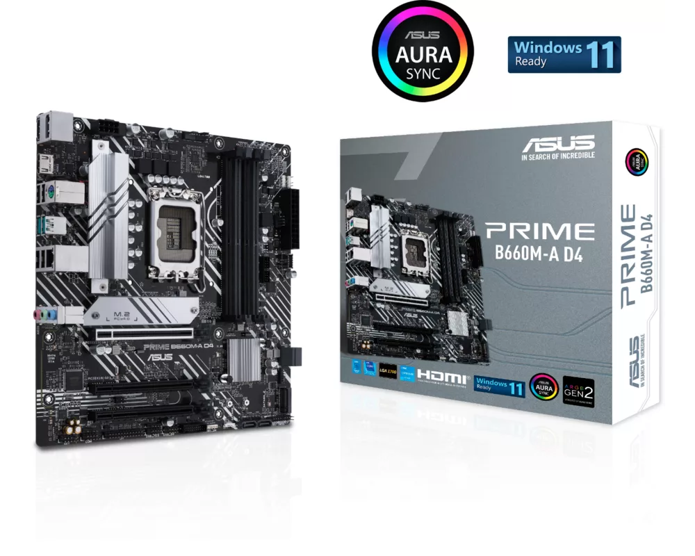 Дънна платка ASUS PRIME B660M-A D4, LGA 1700 mATX, 4x DDR4, Dual M.2, Aura Sync RGB 8
