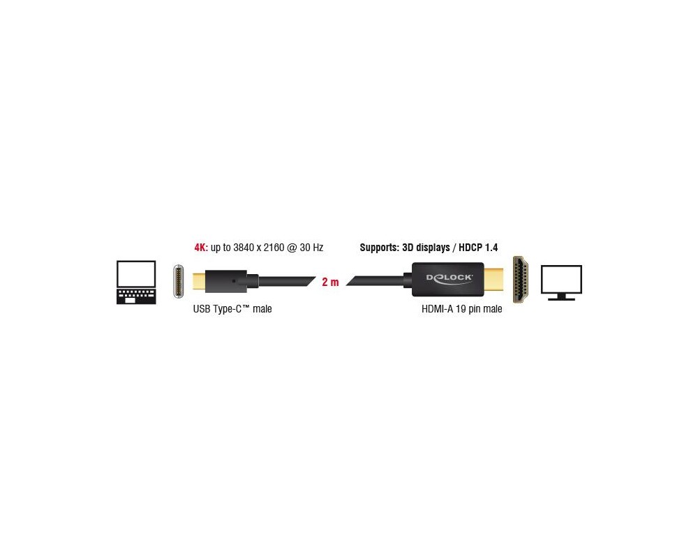 Кабел Delock, USB-C мъжко - HDMI мъжко, 2.0 m, 4K 30 Hz, 2 m, Черен 2