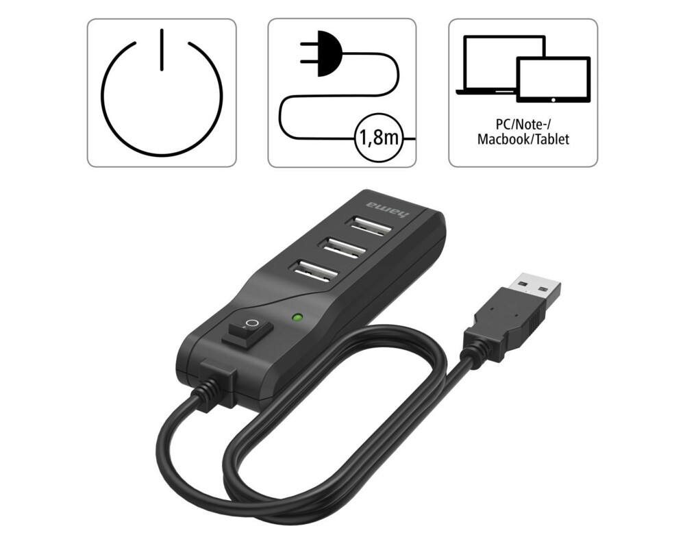 USB хъб HAMA, С бутон вкл./изкл., USB 2.0, 1:4, 480 Mbit/s, черен 4