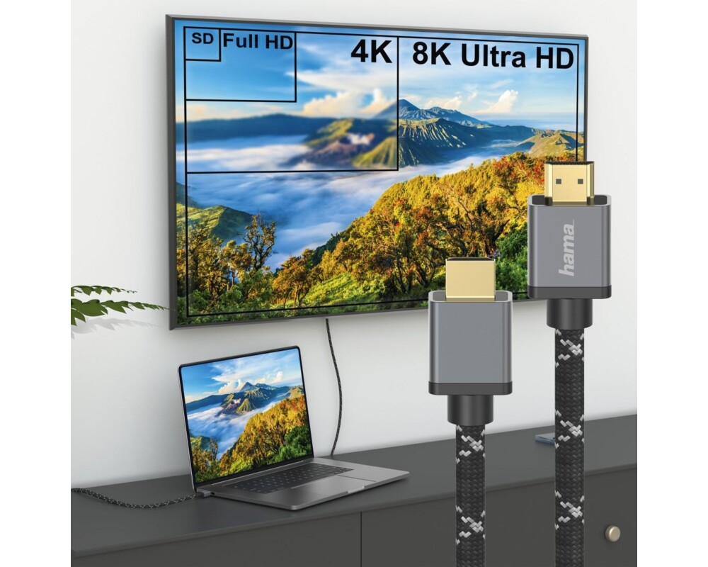 Кабел HAMA Ultra HD, HDMI мъжко - HDMI мъжко, 8K, 48GB/s,метал, 3 м, Позл. конектори, Ethernet, Черен 5