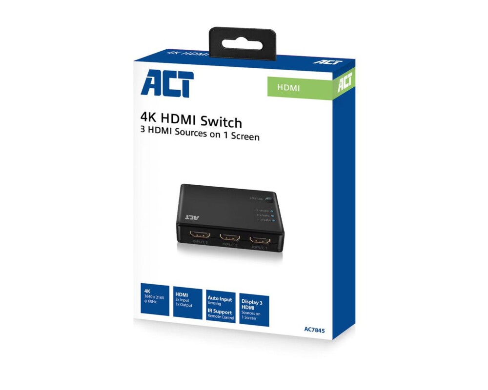 Кабел 3 портов HDMI суич ACT AC7845, 4K@60Hz, USB, Дистанционно, Черен 5