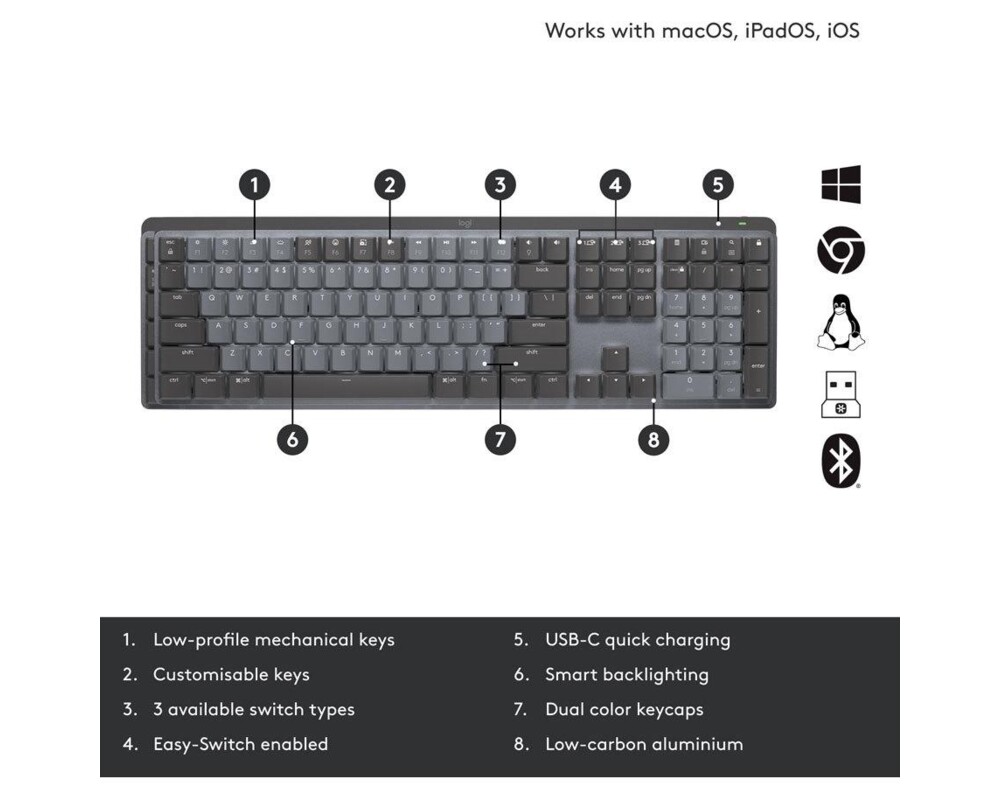 Клавиатура LOGITECH MX Mechanical Wireless Illuminated Performance Keyboard - GRAPHITE - (US) INTL - 2.4GHZ 13