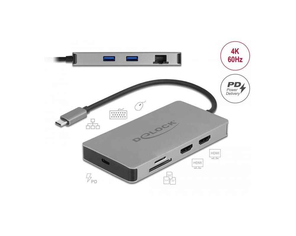 Докинг станция Докинг станция Delock USB-C - Dual HDMI, USB 3.2, SD, LAN, PD3.0, Сива 2