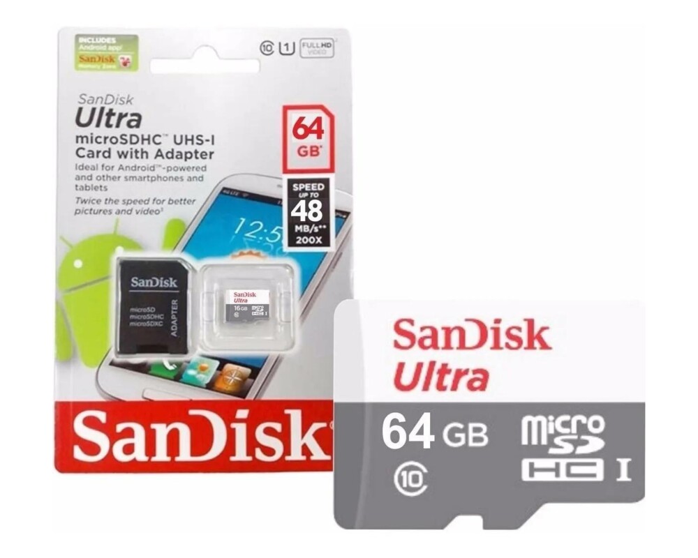 Флаш карта SANDISK Ultra microSDHC UHS-I, 64GB, Class 10, 80Mb/s, Адаптер 2
