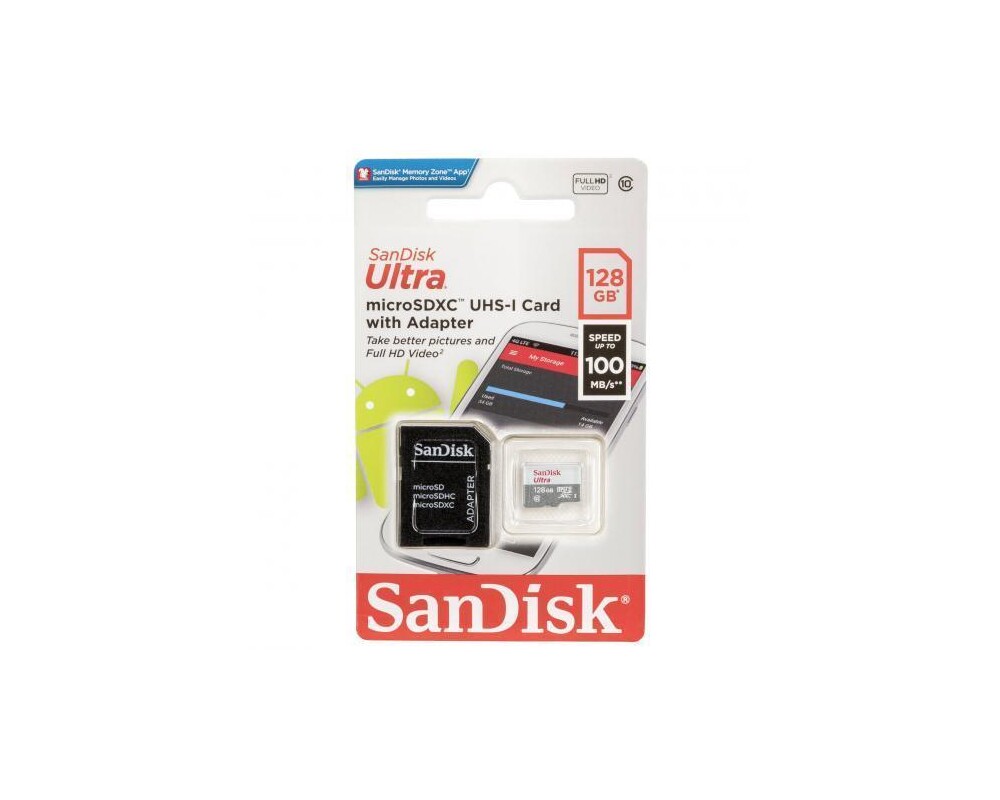 Флаш карта SANDISK Ultra microSDHC UHS-I, 128GB, Class 10, 100Mb/s, Адаптер 2