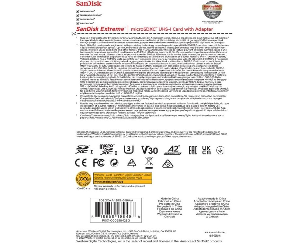 Флаш карта SanDisk Extreme microSDXC 128GB for Action Cams and Drones + SD Adapter + 1 year RescuePRO Deluxe up to 190MB/s & 90MB/s Read/Write speeds A2 C10 V30 UHS-I U3 5