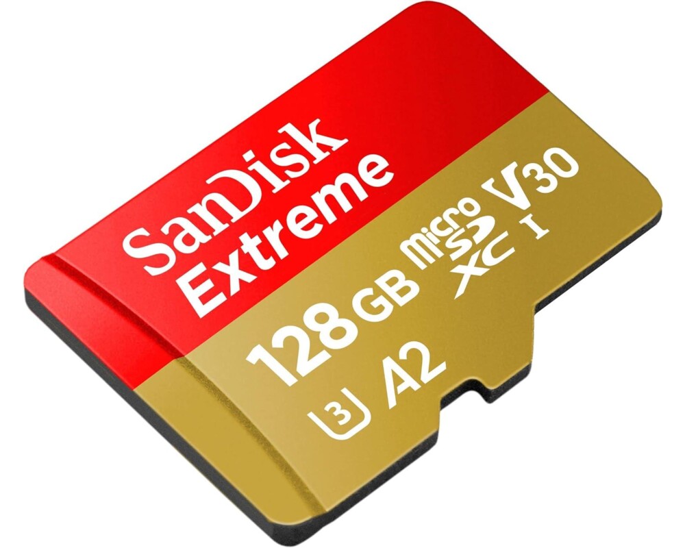 Флаш карта SanDisk Extreme microSDXC 128GB for Action Cams and Drones + SD Adapter + 1 year RescuePRO Deluxe up to 190MB/s & 90MB/s Read/Write speeds A2 C10 V30 UHS-I U3 2
