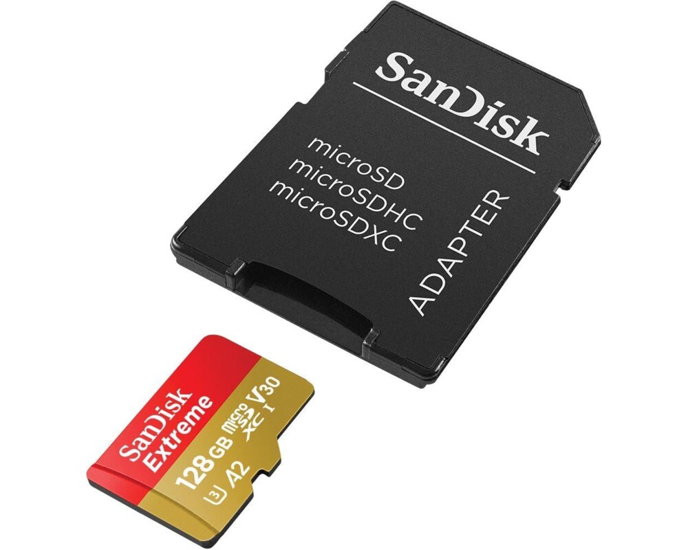 Флаш карта SanDisk Extreme microSDXC 128GB for Action Cams and Drones + SD Adapter + 1 year RescuePRO Deluxe up to 190MB/s & 90MB/s Read/Write speeds A2 C10 V30 UHS-I U3 4