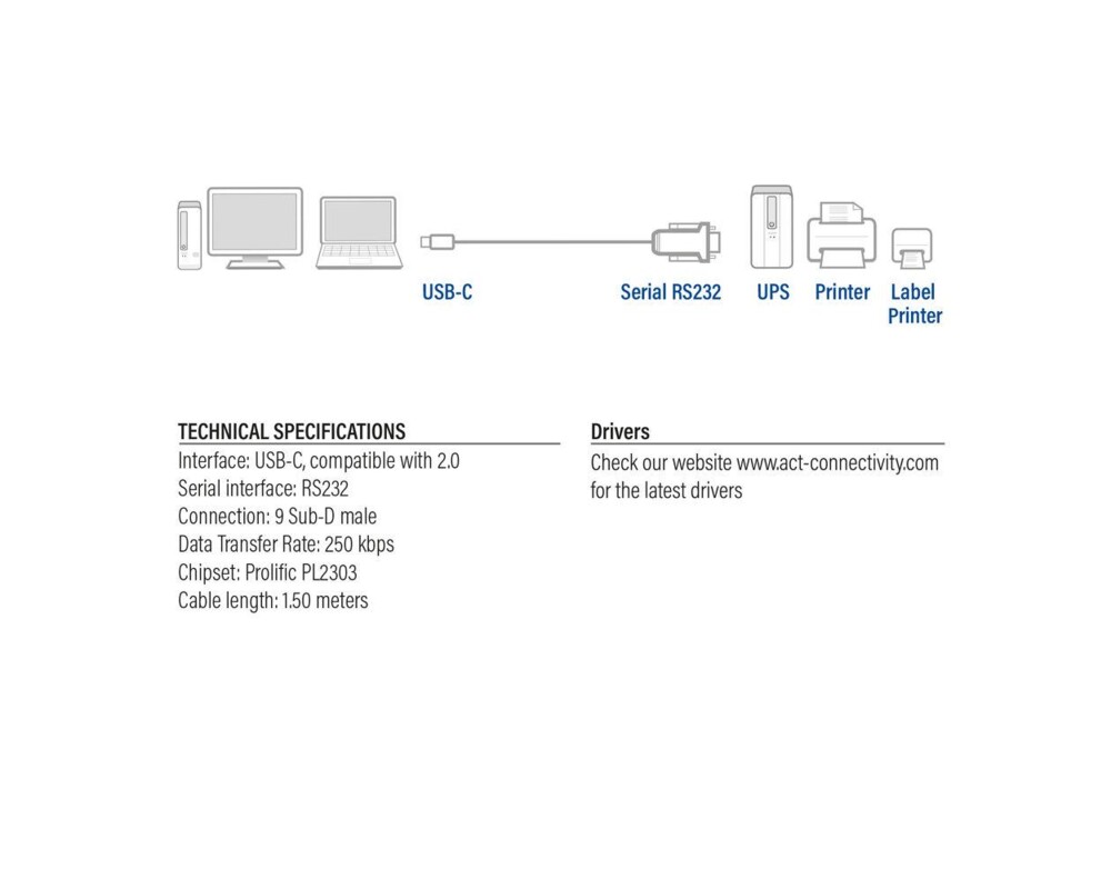 Адаптери RAID ACT AC6002, USB-C мъжко - RS232 мъжко, 9 pin, 1.5 м, Черен 3