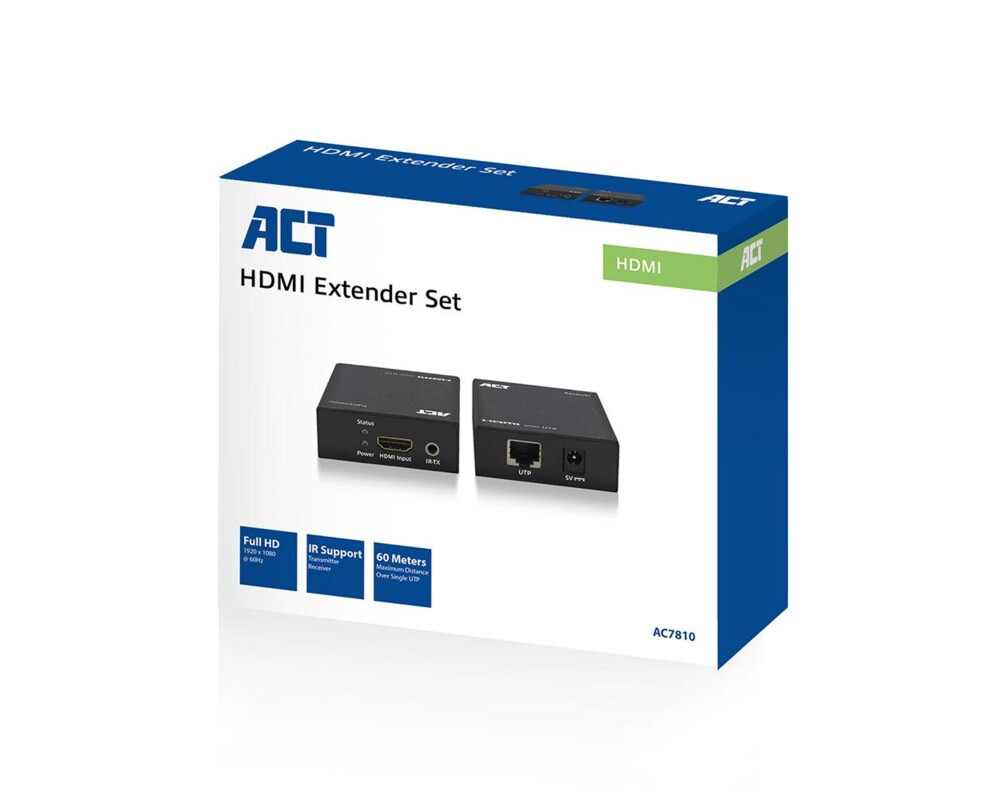 Кабел HDMI Extender (усилвател) ACT AC7810, усилва HDMI сигнал до 60 м по UTP кабел 4