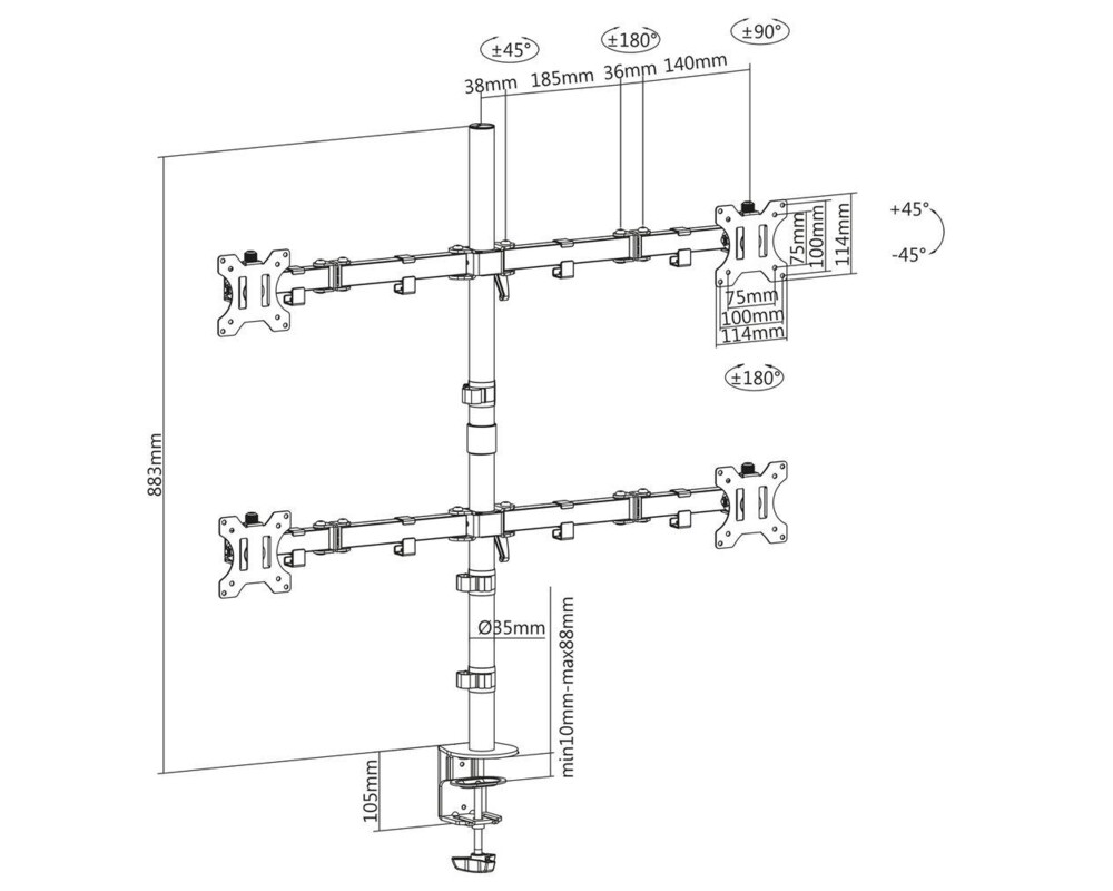 Стойка за 4 монитора ACT AC8304, За бюро, Регулируема, 32", 8 кг, Черна 4