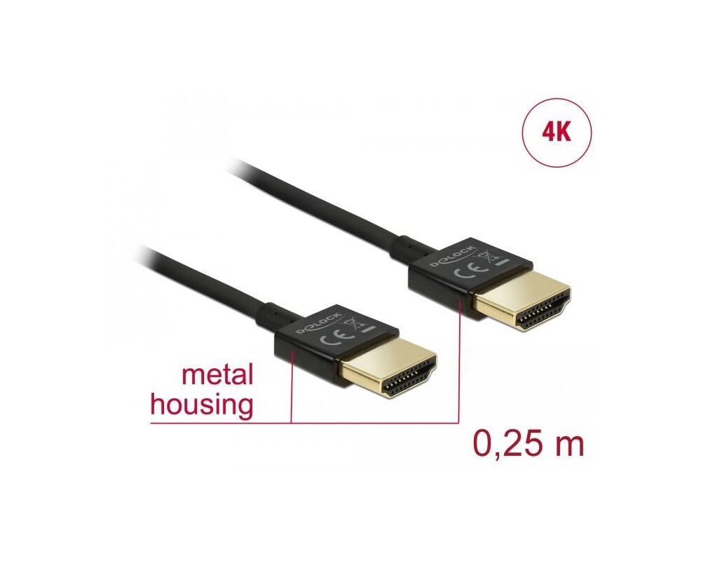 Кабел Delock HDMI-A мъжко - HDMI-A мъжко, Ethernet, 3D, 4K, 0.25 м, Черен 2